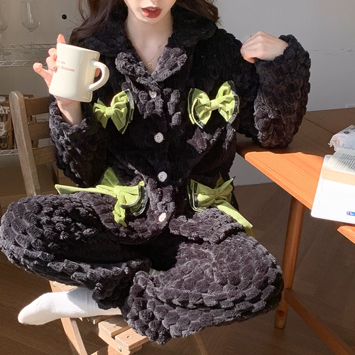 Коралловая бархатная демисезонная флисовая пижама с бантиком, осенняя, коллекция 2022