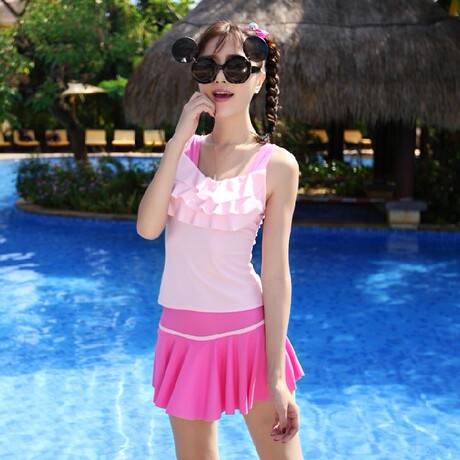 包邮新款女童中大童泳衣分体裙式平角裤两件套学生泳装少女款