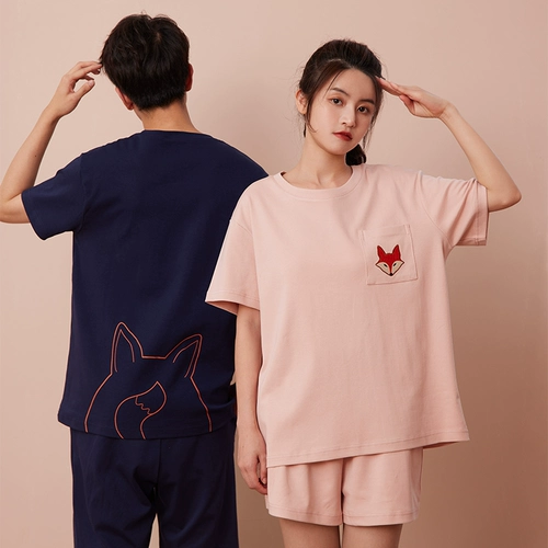 Хлопковая мужская пижама для влюбленных, тонкий комплект, с вышивкой, круглый воротник