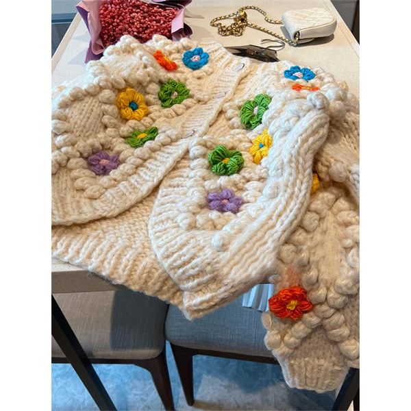 Демисезонный дизайнерский трехмерный свитер, кардиган, изысканный стиль, в цветочек