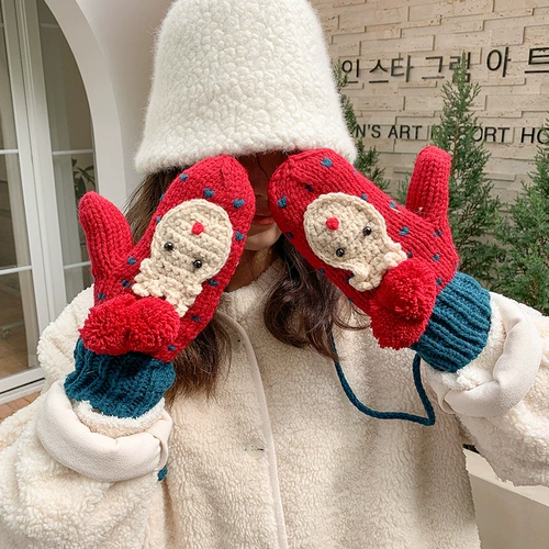 Трикотажные шерстяные перчатки ручной работы, зимний мультяшный флисовый удерживающий тепло комплект, в корейском стиле