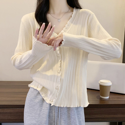 taobao agent Knitted autumn cardigan, jacket, long-sleeve, plus size, V-neckline, fitted
