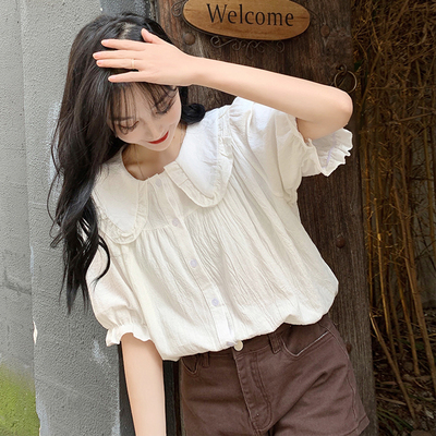 taobao agent Summer shirt, top, plus size, doll collar, 2023 collection, puff sleeves, western style