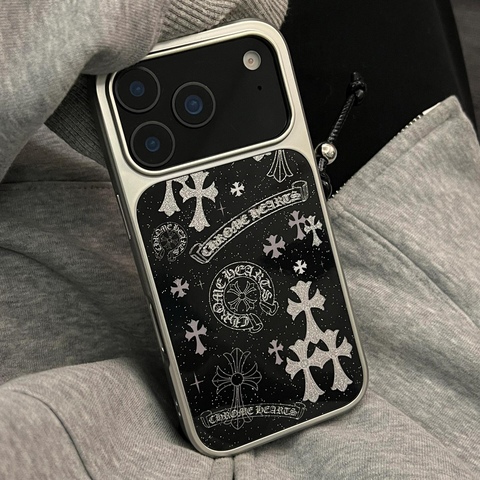 Chrome Hearts Gothic Cross Glitter Silver Frame iPhone Case