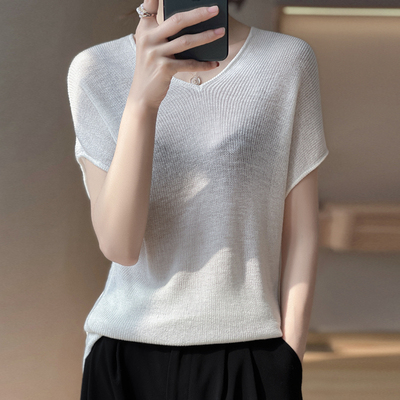 taobao agent White knitted summer short sleeve T-shirt, top, with short sleeve, western style, fitted, V-neckline, high collar