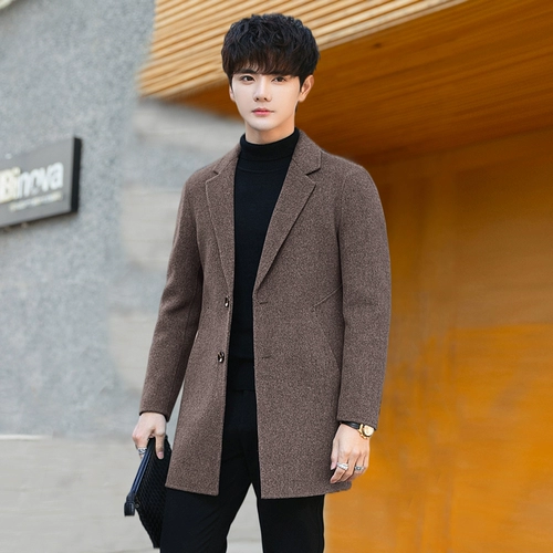 Двусторонний длинный демисезонный кашемир для мальчиков, куртка, шерстяное шерстяное пальто, в корейском стиле, увеличенная толщина