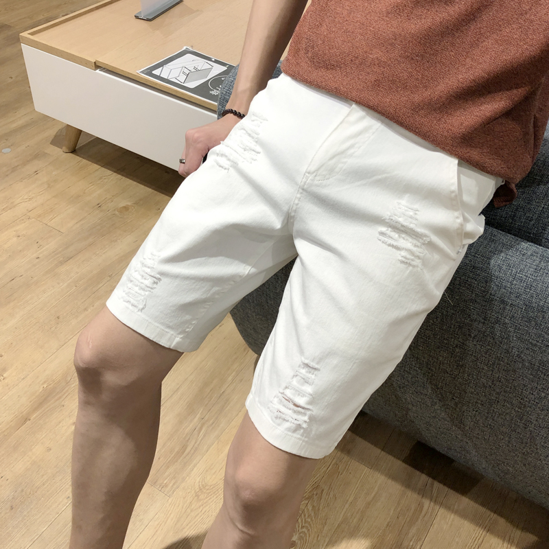 夏季白色牛仔短裤男弹力破洞五分裤青少年韩版修身潮大码黑色包邮