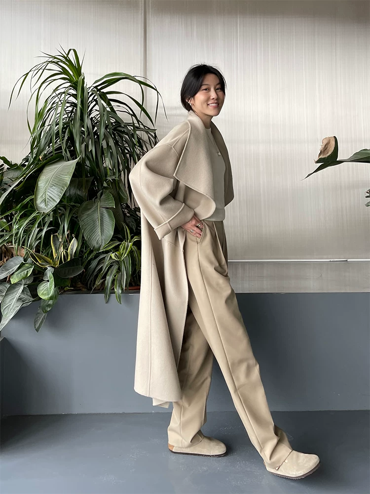 Две стороны Woolen двустороннее шерстяное пальто, пояс, куртка, oversize