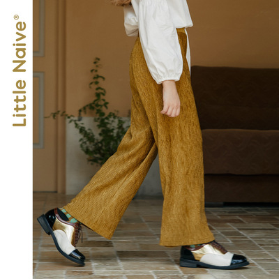 taobao agent LITTLENAIVE autumn girl wide -leg casual pants velvet pure color long pants loose children's straight pants