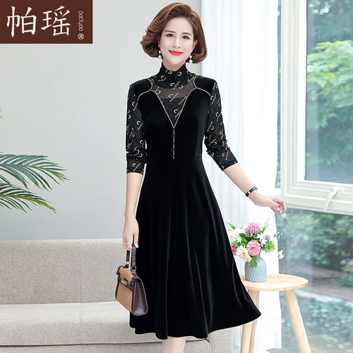 Осеннее бархатное платье для матери, осенний лонгслив, юбка, 40 лет, высокий воротник, для среднего возраста, в западном стиле