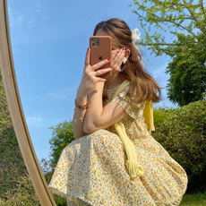 古风首服 迈缔诺可盐可甜桔梗法式小众紫色碎花雪纺连衣裙子仙超仙森系长
