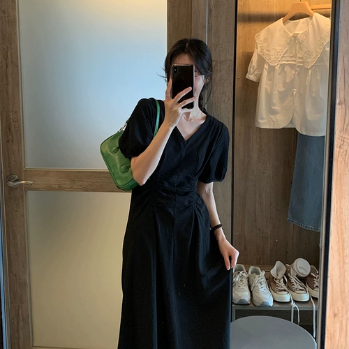 Летнее ретро платье, приталенный корсет, длинная юбка, французский ретро стиль, V-образный вырез