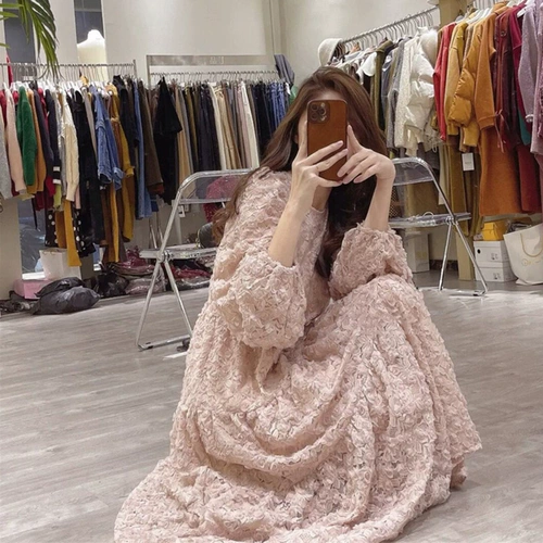Весеннее розовое кружевное милое платье, длинная юбка, 2022, французский стиль