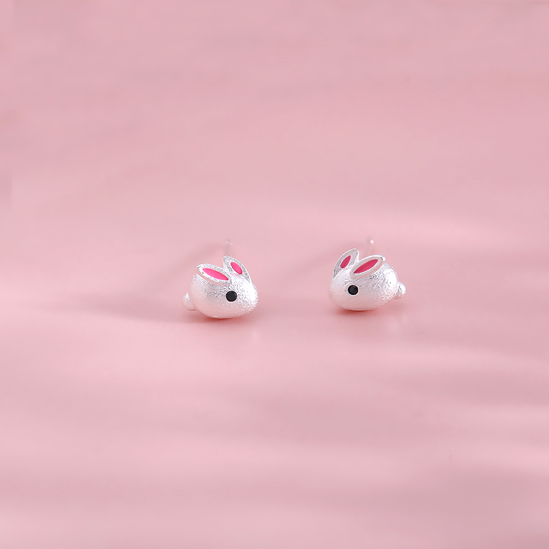 韩版软萌s925纯银小白兔耳钉女可爱动物小清新立体兔子耳环小巧-主图
