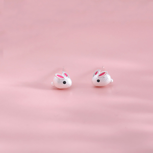 韩版软萌s925纯银小白兔耳钉女可爱动物小清新立体兔子耳环小巧