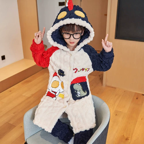 Коралловая бархатная детская пижама, зимний лонгслив, фланелевый бархатный банный халат, комплект, подходит для подростков, увеличенная толщина