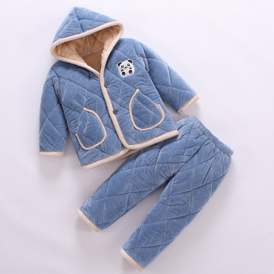 Children's Flannel Pajamas Autumn And Winter Boys' Girls' Coral Plush Thickened Winter Boys' Baby Three Layers Of Cotton