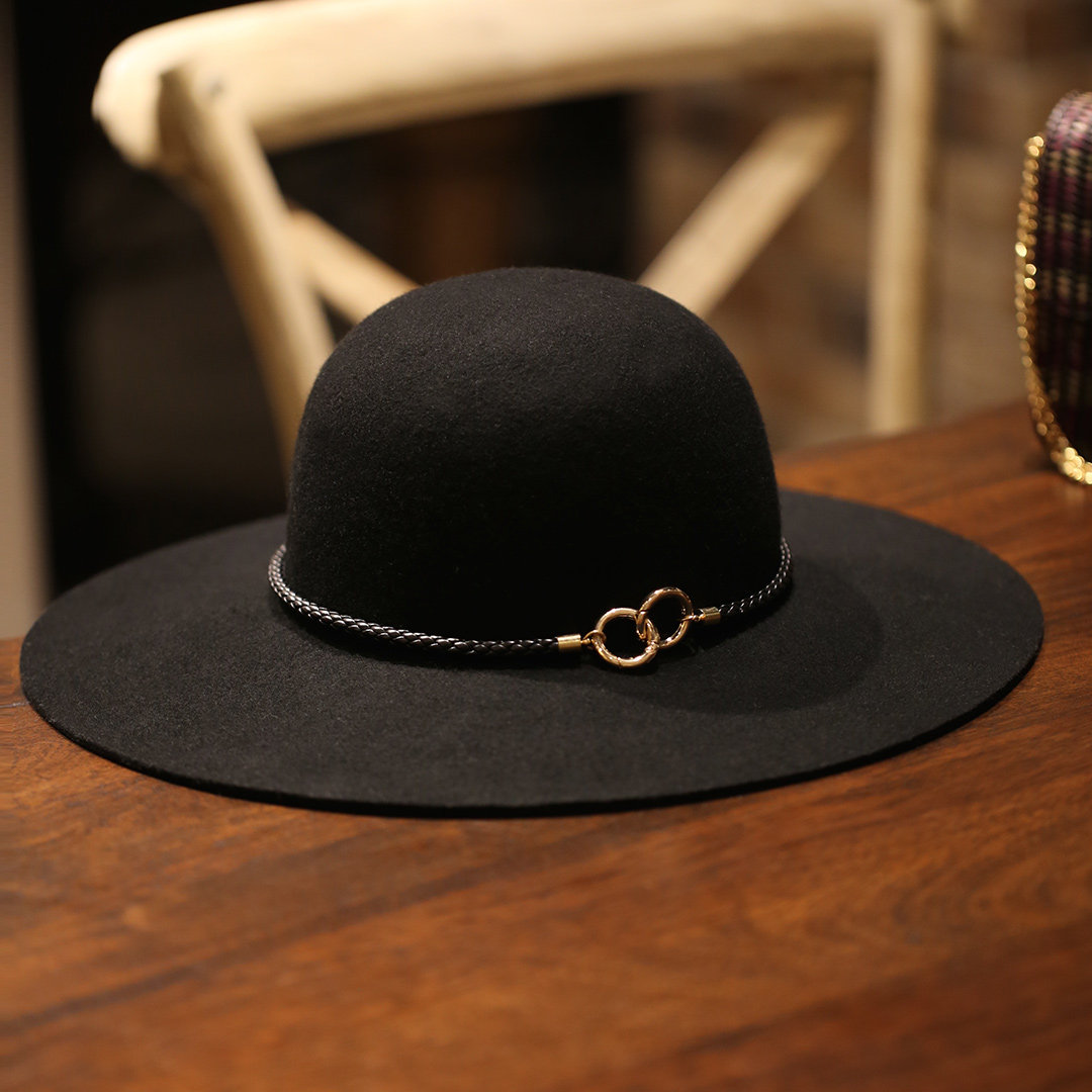 2016秋冬纯羊毛大檐黑色礼帽 女士英伦优雅复古金属风宽沿毛毡帽