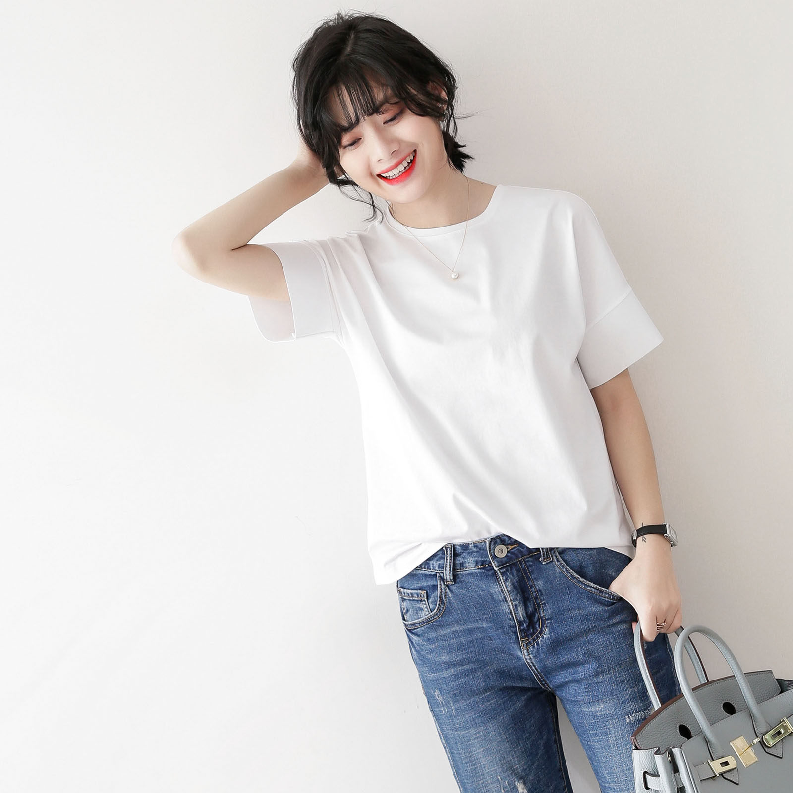 极简风来袭 小宽松版型 实用百搭圆领纯色黑白t恤短袖上衣女18春
