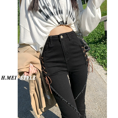 Черные джинсовые осенние джинсы, штаны, штаны-клёш, 2024 года, новая коллекция, высокая талия, в обтяжку, по фигуре, на шнурках