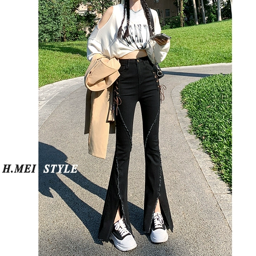 Черные джинсовые осенние джинсы, штаны, штаны-клёш, 2024 года, новая коллекция, высокая талия, в обтяжку, по фигуре, на шнурках