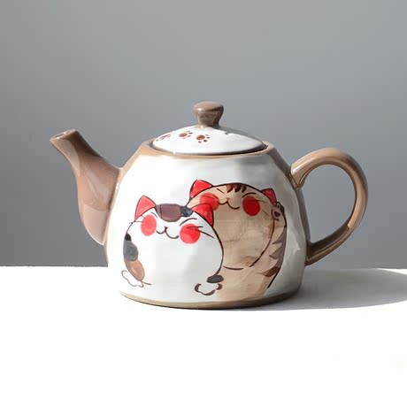 手绘新款日式和风茶具茶道彩绘彩陶做旧可爱招财猫茶壶1个