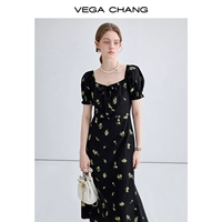 VEGA CHANG Весеннее летнее боди, длинная юбка, в цветочек, 2024 года, французский стиль, квадратный вырез, рукава фонарики