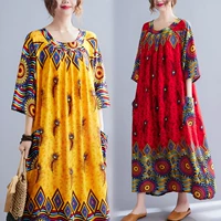 Летнее этническое платье, длинная мини-юбка, большой размер, свободный крой, короткий рукав, с рукавом
