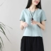 Năm 2021 quần áo phụ nữ mùa hè mới văn học nhỏ tươi retro cotton và vải lanh Khóa đĩa cổ chữ V mỏng xu hướng áo phông ngắn tay ngắn đầu - Áo phông