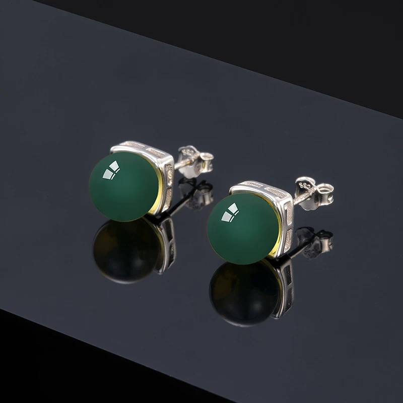Earrings, square round beads wax agate, silver 925 sample, 7mm