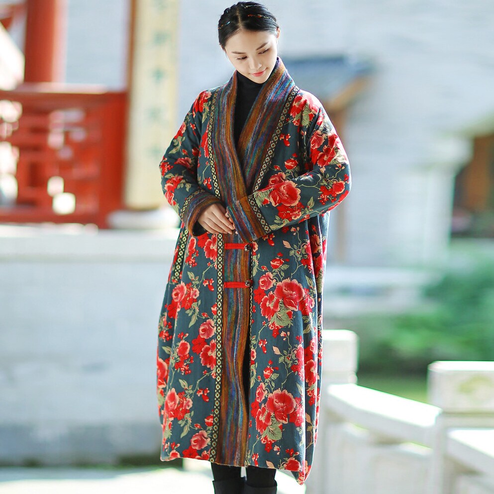 当然优袍子衣服民族风女装新款民族风长款棉大衣棉麻女装 民族风中