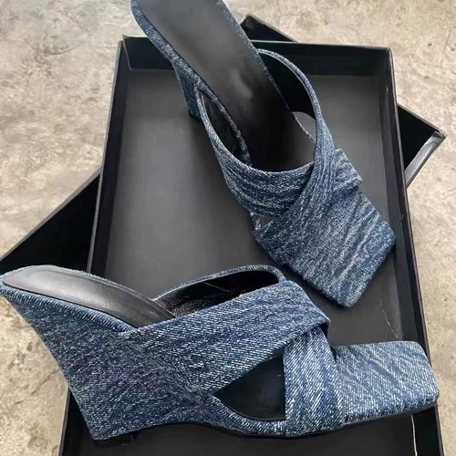 Джинсовые слайдеры, летние тапочки, туфли на высоком каблуке, 2022