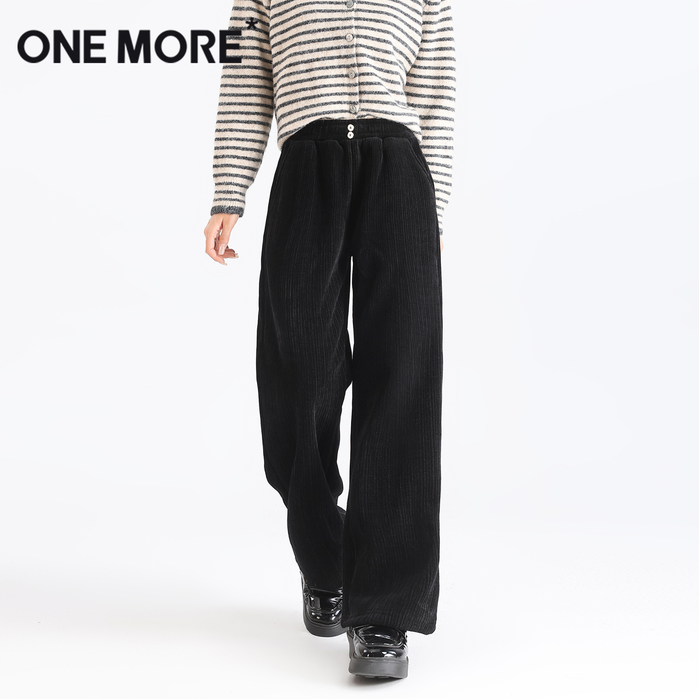 one more雪尼尔阔腿裤女2025新款秋冬白色窄版直筒裤小个子裤子S