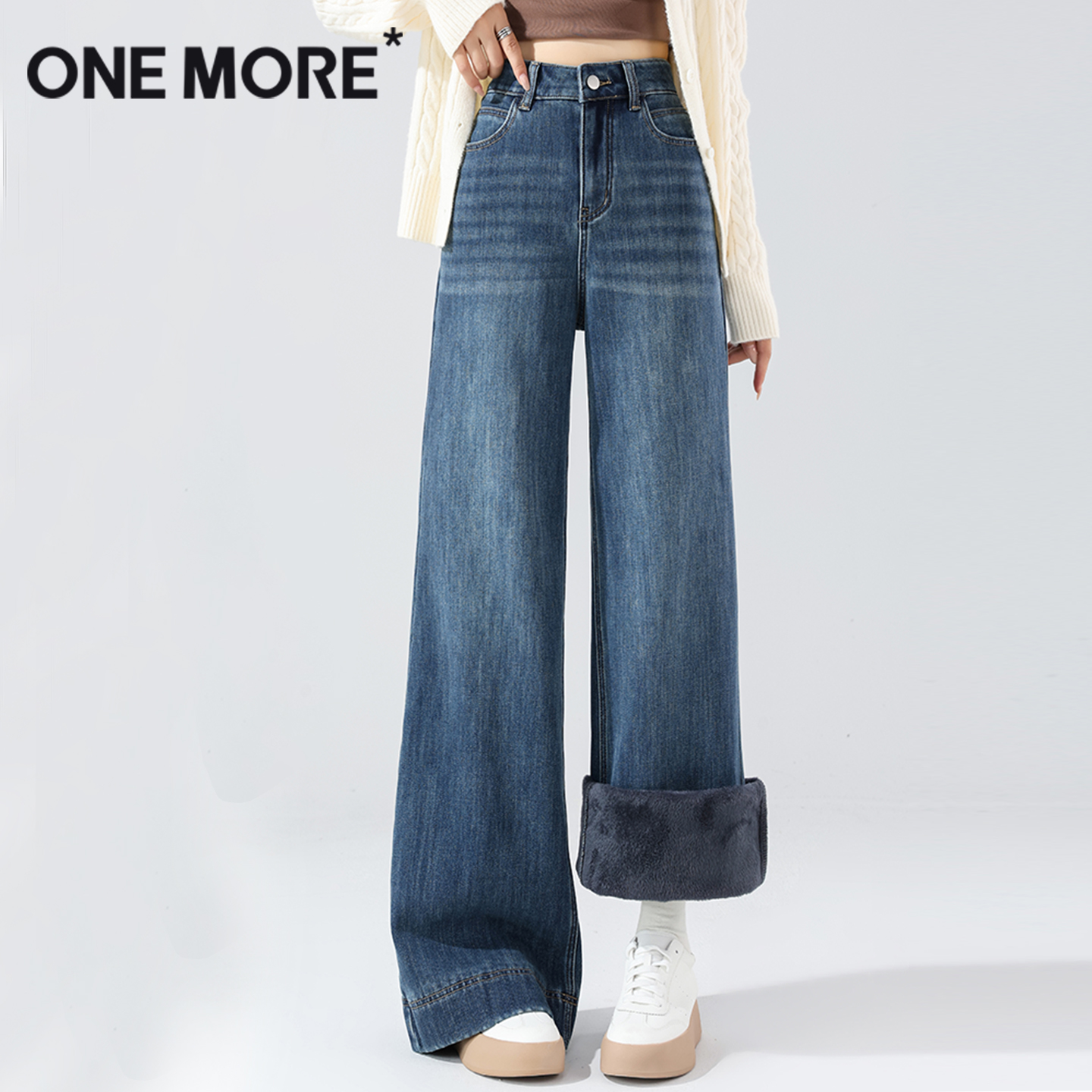 one more丹宁蓝牛仔裤女款秋冬2025新款加绒直筒裤子阔腿弯刀裤Y