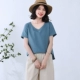 Vải lanh cotton T-shirt của phụ nữ eo cao lỏng lẻo phần mỏng mỏng từ bi vải lanh ngắn tay phụ nữ lanh ngắn mùa hè hàng đầu phụ nữ - Áo phông