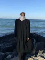 Длинное осеннее шерстяное пальто для мальчиков, черные наплечники, плащ