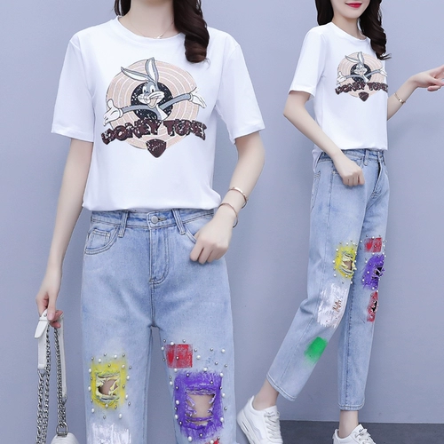 Джинсовый летний комплект, джинсовые универсальные штаны, подходит для подростков, оверсайз, свободный крой