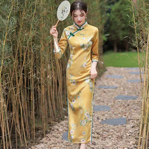 Демисезонное бархатное элитное ретро ципао, премиум класс, яркий броский стиль