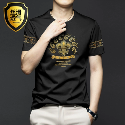 Хлопковая шелковая футболка с коротким рукавом, трендовая летняя одежда, круглый воротник, большой размер