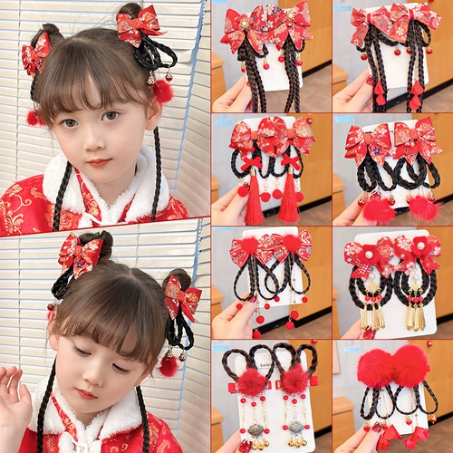 Детская заколка для волос с бантиком, парик, детский аксессуар для волос, шпильки для волос подходит под национальную одежду с кисточками