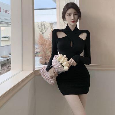 taobao agent Hip skirt children's new autumn high -cold royal sister style, sexy base black long -sleeved dress female autumn