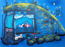 Рисунки акварелью и гуашью 瓜田月色农村西瓜地瓜棚饭店酒店张青义户县农民画尺寸52x38cm