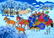 Рисунки акварелью и гуашью 回家过年春节农村马车雪景饭店酒店程敏生户县农民画尺寸52x38cm