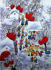 Рисунки акварелью и гуашью 背火春节社火过年民俗雪景外宾礼品张青义户县农民画尺寸52x38cm