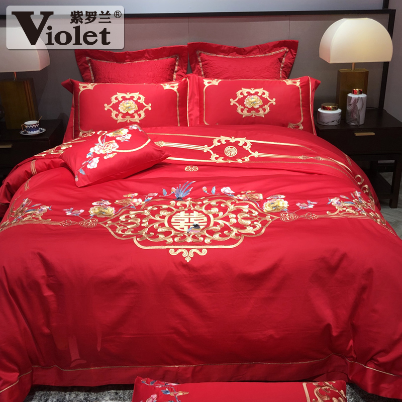 violet cotton high-density color cloth and red wedding embroidery four-piece set chinese festive wedding six-piece set ten-piece set