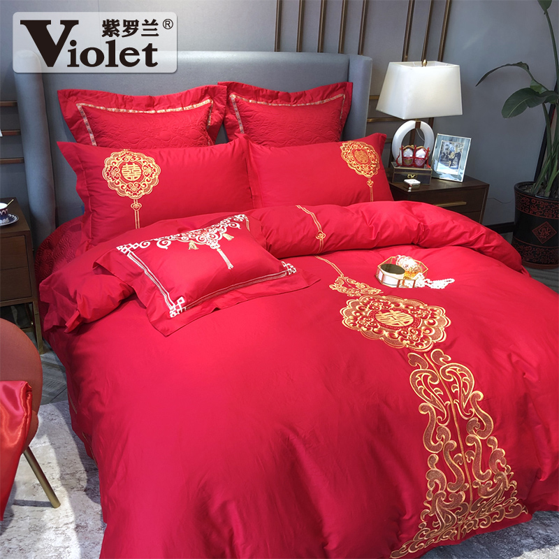 violet cotton high-density color cloth and red wedding embroidery four-piece set chinese festive wedding six-piece set ten-piece set