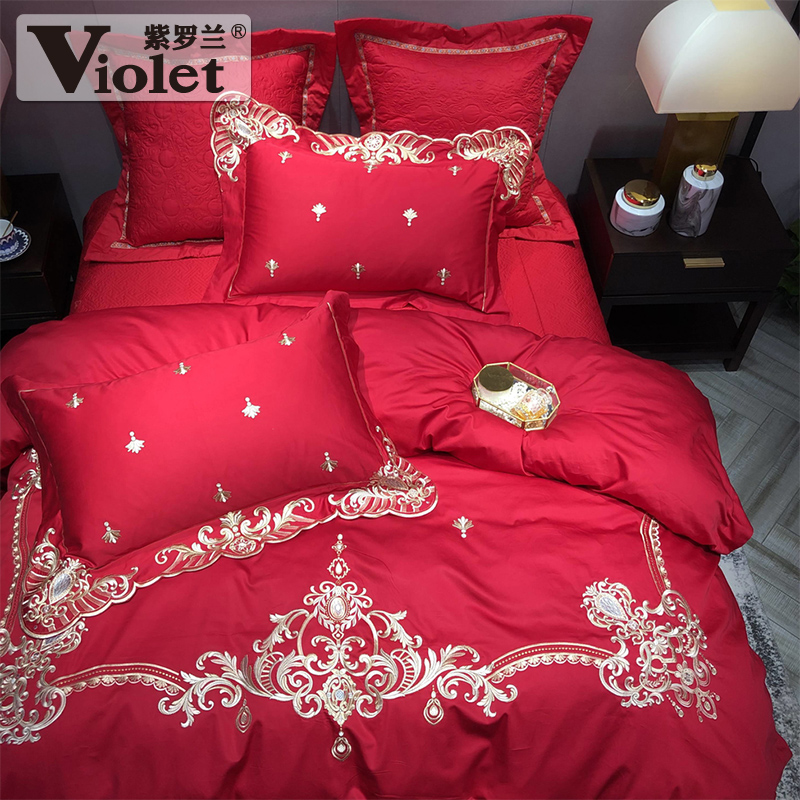 violet cotton high-density color cloth and red wedding embroidery four-piece set chinese festive wedding six-piece set ten-piece set