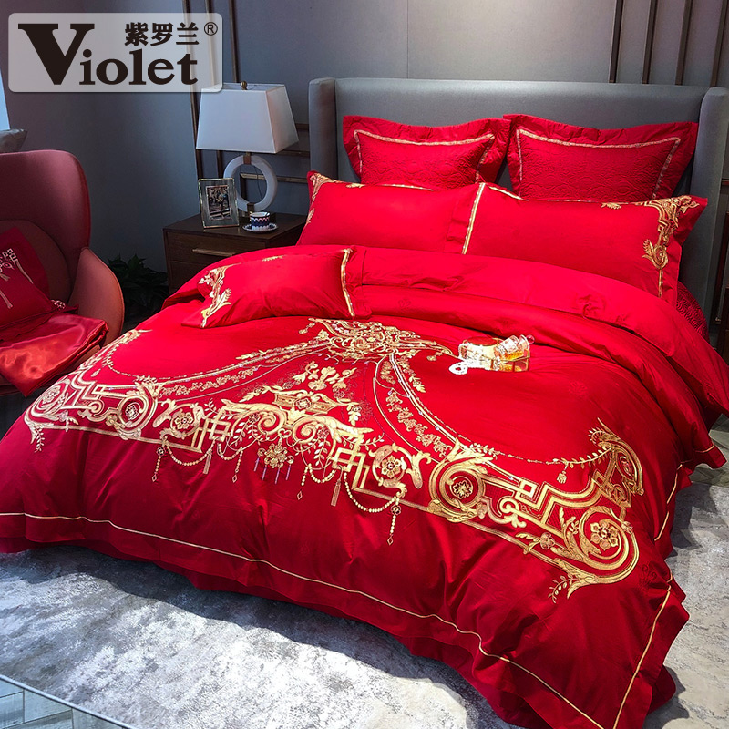 violet cotton high-density color cloth and red wedding embroidery four-piece set chinese festive wedding six-piece set ten-piece set