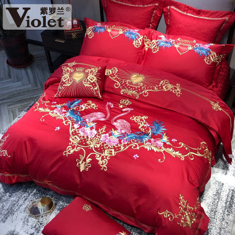 violet cotton high-density color cloth and red wedding embroidery four-piece set chinese festive wedding six-piece set ten-piece set