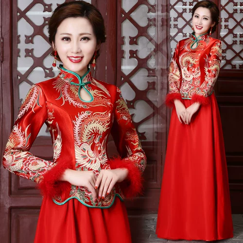 Красное ципао для невесты, длинное свадебное платье, зимний традиционный свадебный наряд Сюхэ, вечернее платье, коллекция 2022